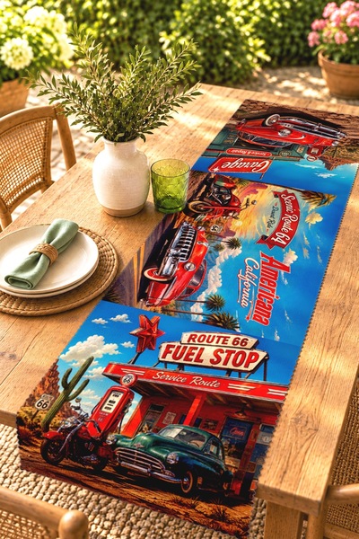 EVPANYA Red Retro Cars Patterned Runner / Tablecloth / Placemat