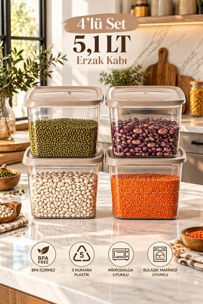 Porsima 0976 4'lü Kare Erzak Saklama Kabı Seti 5,1 LT Cafe Latte - Şeffaf Bakliyat, Deterjan & Mutfak Düzenleyici Kutu