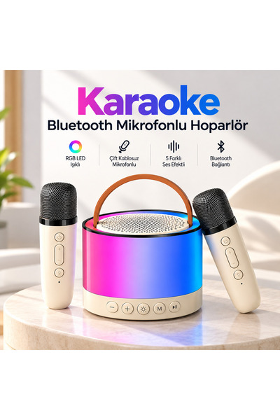 TARÇIN Karaoke Bluetooth Hoparlör 2 Kablosuz Mikrofonlu RGB LED Işıklı 5 Ses ...