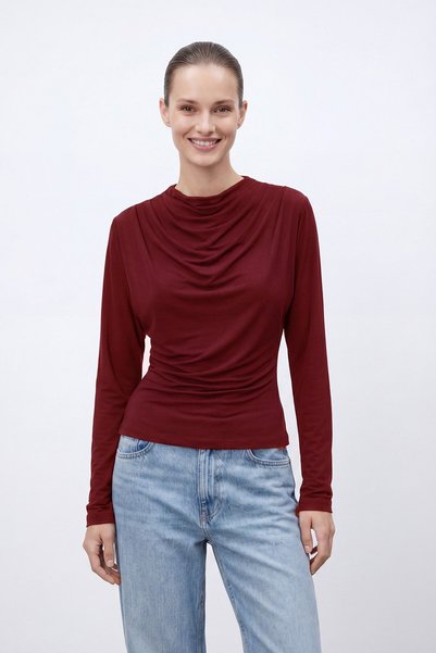 Puane Kadın Modern Kesim Drapeli Bluz -10785BLZ Bordo