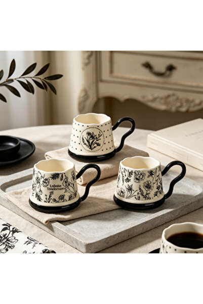 idei Cana ceramica stil vintage cu model floral negru, 350ml, înălțime 9cm, d...