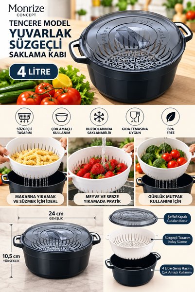 Monrize Concept 4 Litre Süzgeçli Saklama Kabı – Kapaklı Yuvarlak Makarna Süzg...