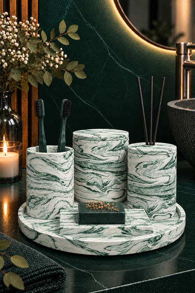 betonmall 6-Piece Marble Patterned Concrete Bathroom Set Toothbrush Holder So...
