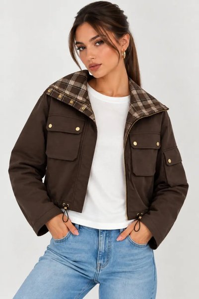Cool & Sexy Women's Plaid Collar Detailed Pocketed Zippered Short Seasonal Ja...