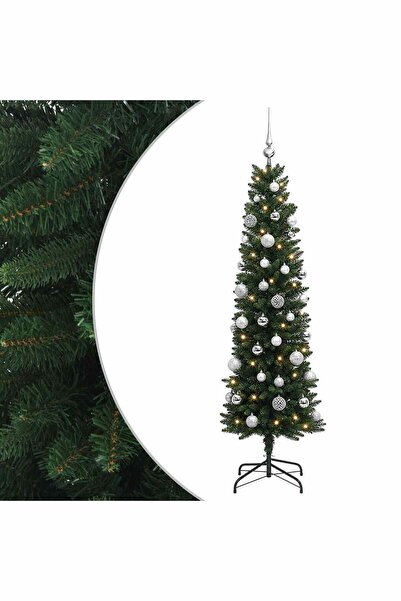 vidaxl Brad de Crăciun artificial îngust cu globuri 120 cm 150 LED-uri