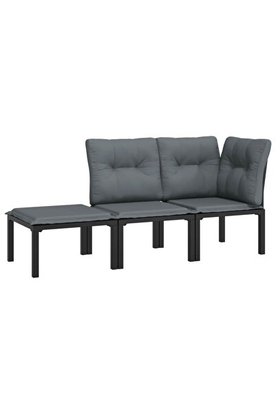 vidaxl Set mobilier de grădină cu perne, 3 piese, negru/gri, poliratan