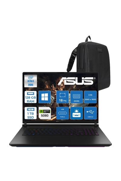 Rog Strix Scar Ultra 9-290HX Plus 128GB 1tb RTX5080 16GB 18" 2.5k W11PRO ZWSA375P51 + Zetta Çanta