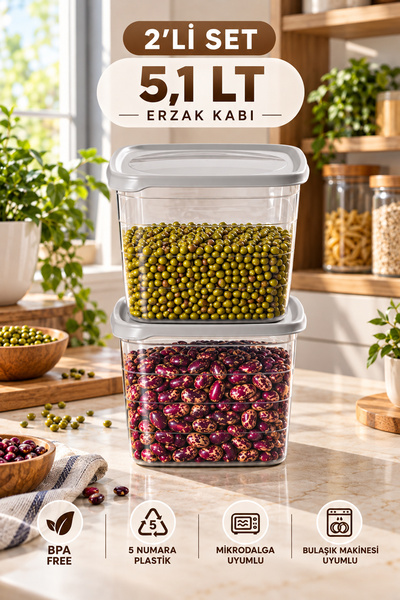 Porsima 0975 2'li Kare Erzak Saklama Kabı Seti 5,1 LT Cool Gri - Şeffaf Bakliyat, Deterjan & Mutfak Düzenleyici Kutu