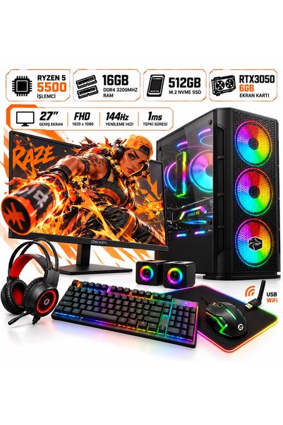Apphirex Raze X35 Ryzen 5 5500 16GB Ram 512GB M.2 SSD RTX3050 27'' 144Hz Hazı...