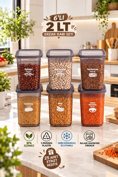 Porsima 4521 6'lı Füme Erzak Kabı Seti 2 LT - Vakumlu Dikdörtgen Mutfak & Buz...