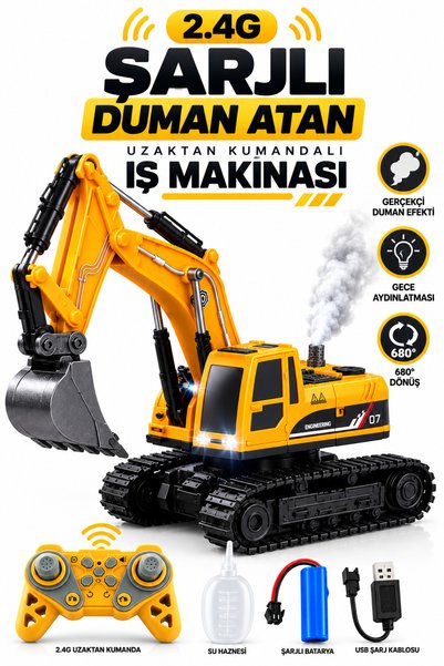 craftivio Uzaktan Kumandalı Paletli Ekskavatör Oyuncak – Duman Atan, Işıklı S...
