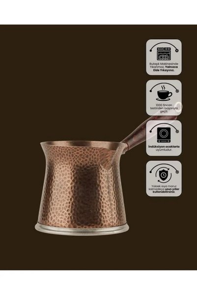 Elista Telveli 5-Person Cast Iron Coffee Pot with Wooden Handle - Compatible with Induction Cookers 300 ml Copper