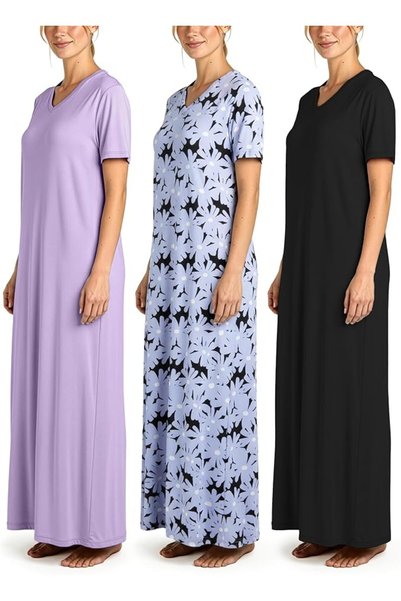 Real Essentials Women's Re Ladies Maxi Crew Ss Nightshirt Nightgown (pack of 3)
