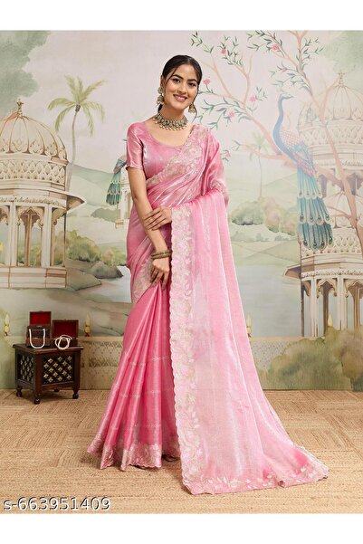 Generic Brand Embroidered, Jacquard, Self Design, Woven Bollywood Organza Sar...