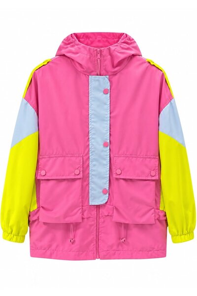 Lavanta Tekstil Pink=Yellow Back Lettering Detail Hooded Raincoat Jacket