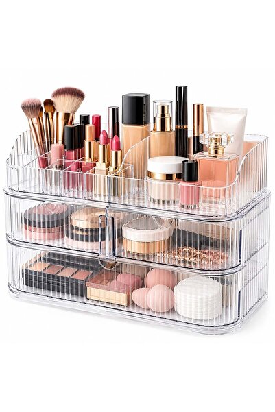 PUFO Organizator transparent pentru machiaj cu 3 sertare și multiple comparti...