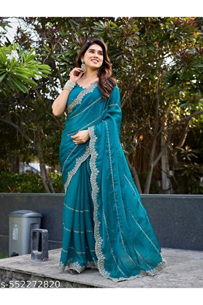 Generic Brand Women's Latest Organza Saree with Embroidery Work