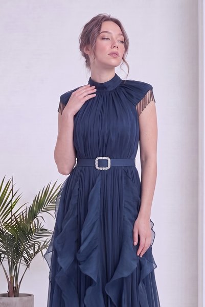 zks grup tekstil Rochie de seară pentru femei, cu guler halter, detaliu cu volane și curea, maro, albastru închis, visiniu