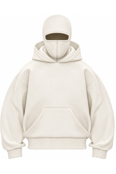 HAI COLLECTİON Unisex Oversize Kapüşonlu Sweatshirt Balaclava Maskeli Bej Hoodie