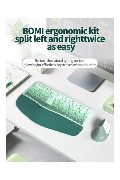 Mofii Bomı Ergonomik Kablosuz Klavye Mouse Seti Bilek Destekli Split Klavye Dikey Mouse 2.4g Yeşil