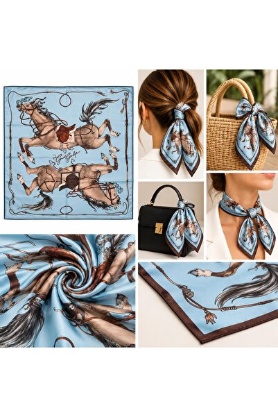 Mutkin Açık Mavi Kahverengi At Figürlü Kadın Kare Fular Bandana 50x50 cm