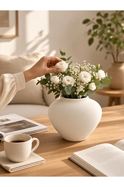 LALEZEN HOME Ecru Ceramic Vase 11 cm Decorative Living Room Coffee Table Cons...