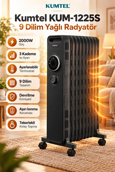 KUMTEL 2000 W 9 Dilim Yağlı Radyatör Isıtıcı – 3 Güç Kademeli, Ayarlanabilir ...