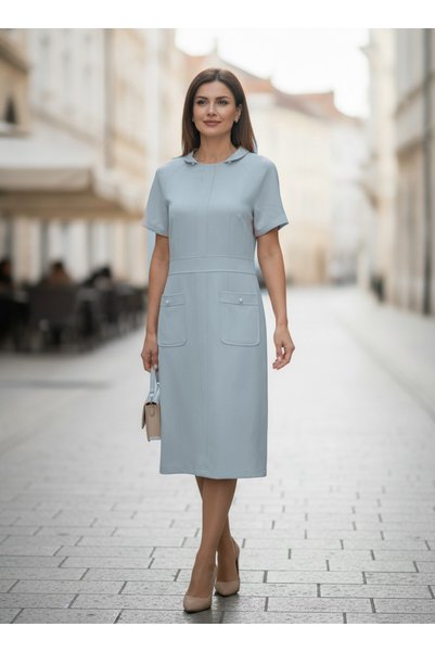 MILANO COLLECTION Rochie de Zi Dama Midi cu Guler Peter Pan si Buzunare, Mane...