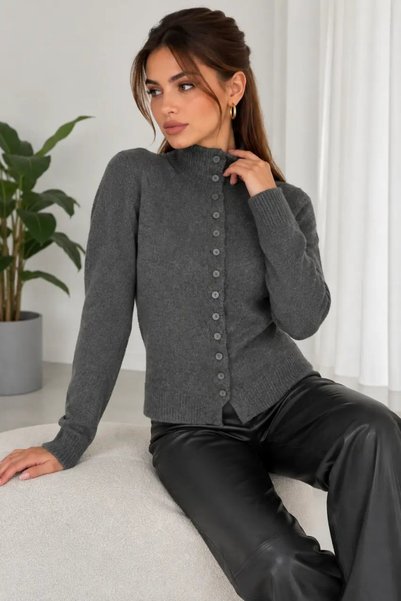 Cool & Sexy Women's Stand Collar Buttoned Soft Textured Long Sleeve Knitwear Cardigan