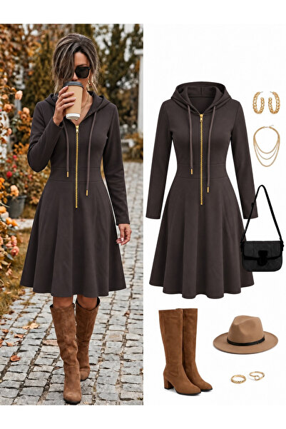 JANES Women's long sleeve hooded lace-up zipper short modal dress