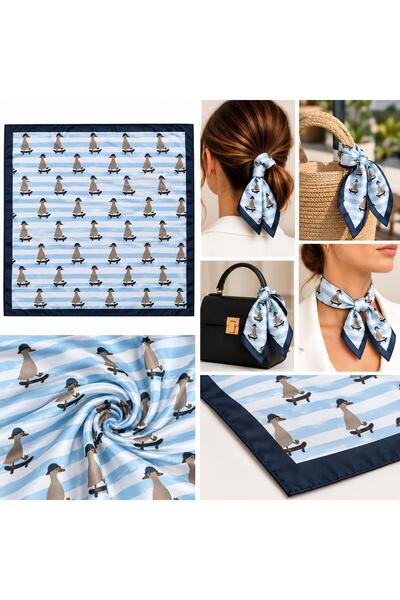 Mutkin Açık Mavi Lacivert Kaykaylı Ördek Desenli Kadın Kare Fular Bandana 50x...