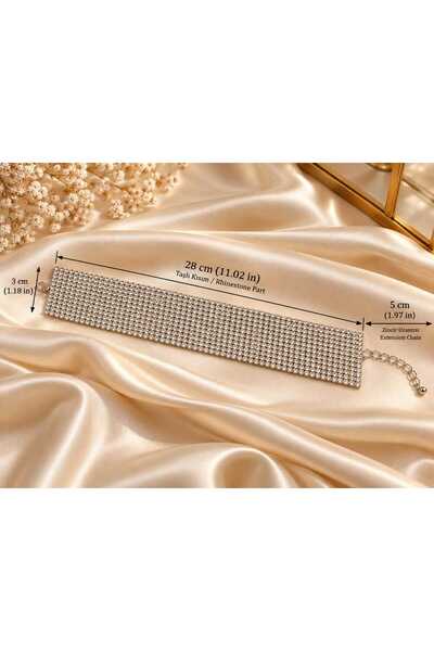 Furtek Aksesuar Stone Choker Necklace 11 Rows of Stones 3 cm Width 28 cm Stone Part 5 cm Chain Adjustable