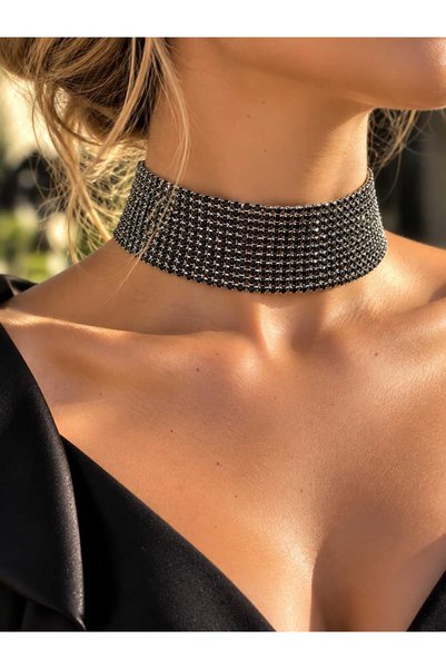Furtek Aksesuar Stone Choker Necklace 11 Rows of Stones 3 cm Width 28 cm Stone Part 5 cm Chain Adjustable