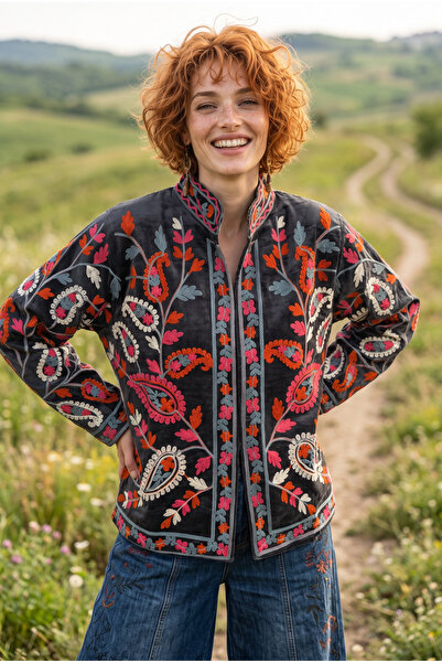 Bohoyasam Women's Suzani Embroidered Velvet Jacket – Ethnic Bohemian Design