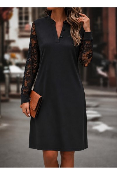METKAR Women's long sleeve v-neck short janjan crepe dress with lace sleeves and buttoned neckline.