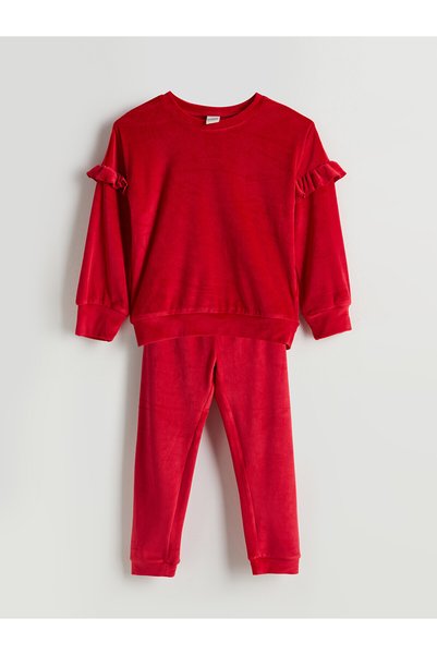 LC Waikiki Lcw Kids Red Velvet Plain Girls Pajama Set with Nevavm Difference