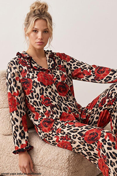 Siyah İnci Set de pijamale cu volane și nasturi, cu imprimeu leopard, 26223941-8