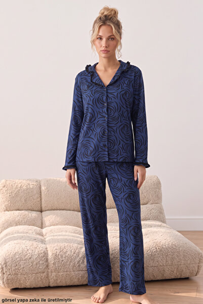 Siyah İnci Lacivert Desenli Bürümcük-Krınkıl Düğmeli Fırfırlı Pijama Takım 26223941-7