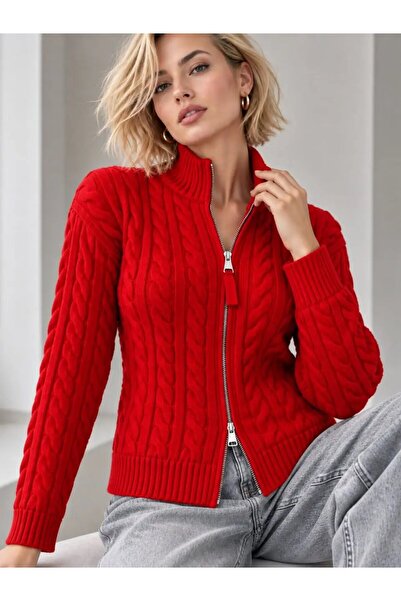 Park Karon Women's Hair Braided High Collar Knitwear Cardigan - Reversible Zi...