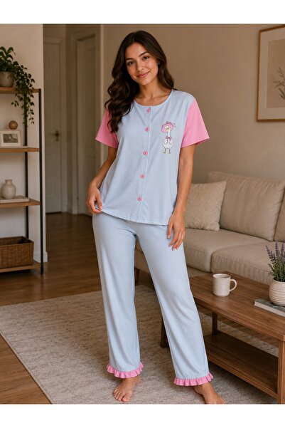 DOLCE KİDS 100% Cotton Women's Short Sleeve Six Long Buttoned Pajama Set