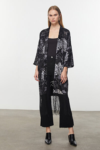 Mudo Women's Multi-Color Velvet Textured Kaftan with Tassel Detail