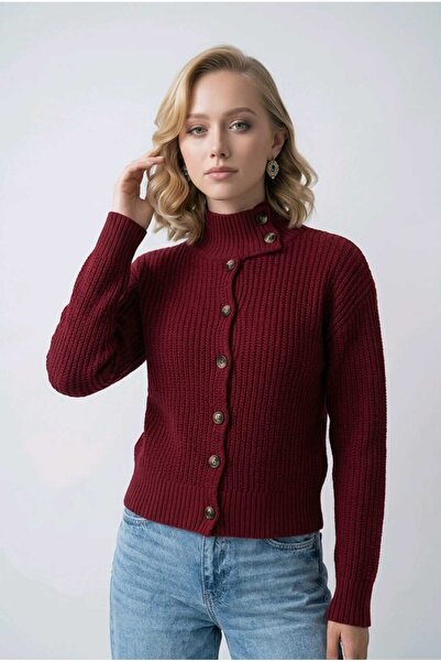 Gülçin Coşkun High-Necked Collar Fit and Flare Buttoned Women's Knitwear Card...