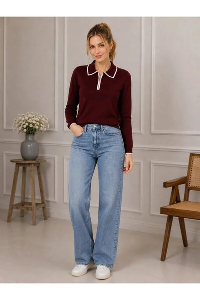 Park Karon Women's Zippered Polo Collar Knitwear Sweater 12506