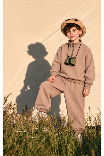 Mini Moos Unisex Dik Yaka Yarım Fermuarlı PamukluSweatshirt & Kavisli Parça Dikişli Lastik Paça Eşofman Takımı 🤎🌿
