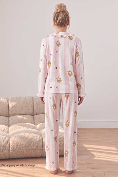 Siyah İnci Pembe Ayıcık Desenli Bürümcük-Krınkıl Düğmeli Fırfırlı Pijama Takım 26223941-11