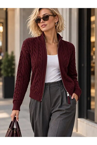 Park Karon Women's Hair Braided High Collar Knitwear Cardigan - Reversible Zi...