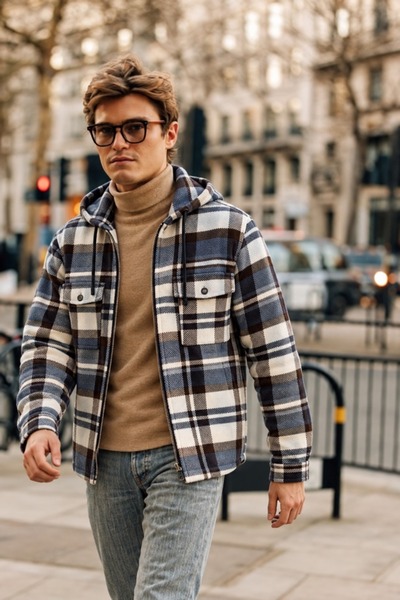 DAMGA JEANS Cămașă pentru bărbați, în carouri, albastră, cu glugă și fermoar