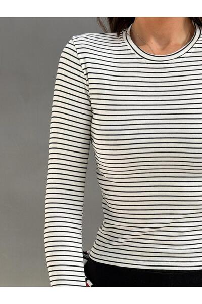 CrepTekstil Tricou de damă din viscoză, cu dungi, cu gât tip crew, cu dungi p...