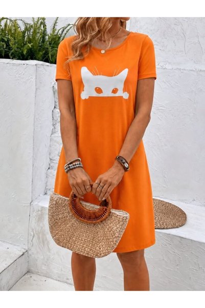 Generic Brand Women's short sleeve crew neck cat print viscose mini dress
