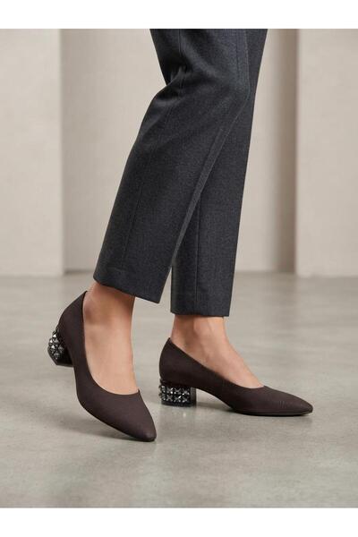 Diva Ayakkabı Brown Plaid Fabric Stoned Thick Heeled Shoes